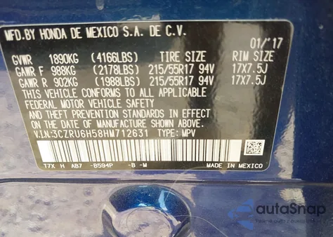 2017 Honda Hr-V Ex from USA, damaged, VIN 3CZRU6H58HM712631